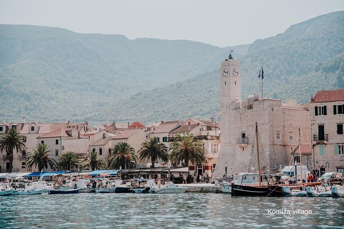 Blue cave, Mamma Mia and Hvar, 5 islands speedboat tour - Komiža and Stiniva Cove: fishing-town coffee, then a sea-only beach